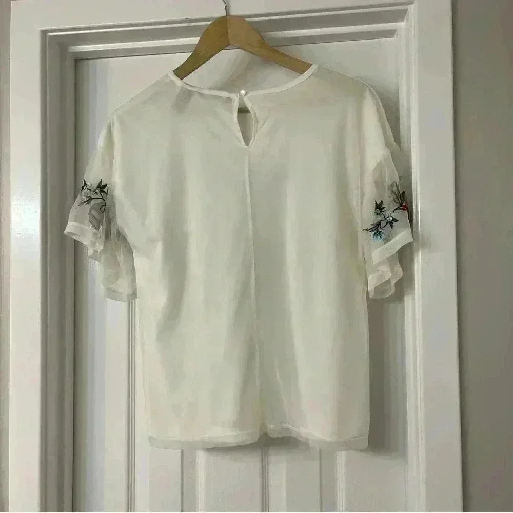 Life Style Top Womens Small Petite Ivory Floral Embroidered Shirt S Sheer - Picture 2 of 7